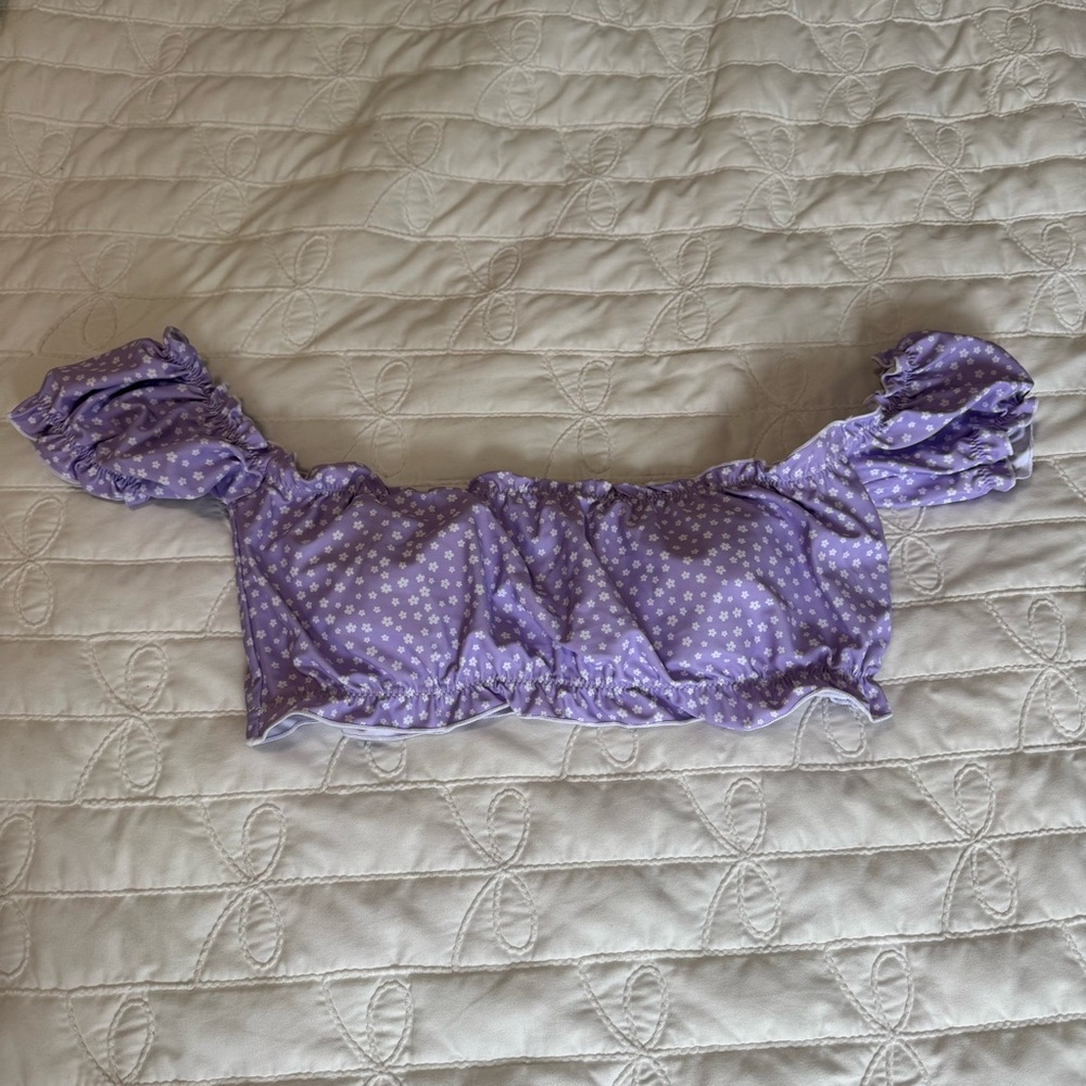 Light Purple Lavender All Over Daisy Print Off Shoulder Puff Sleeve Swim Top